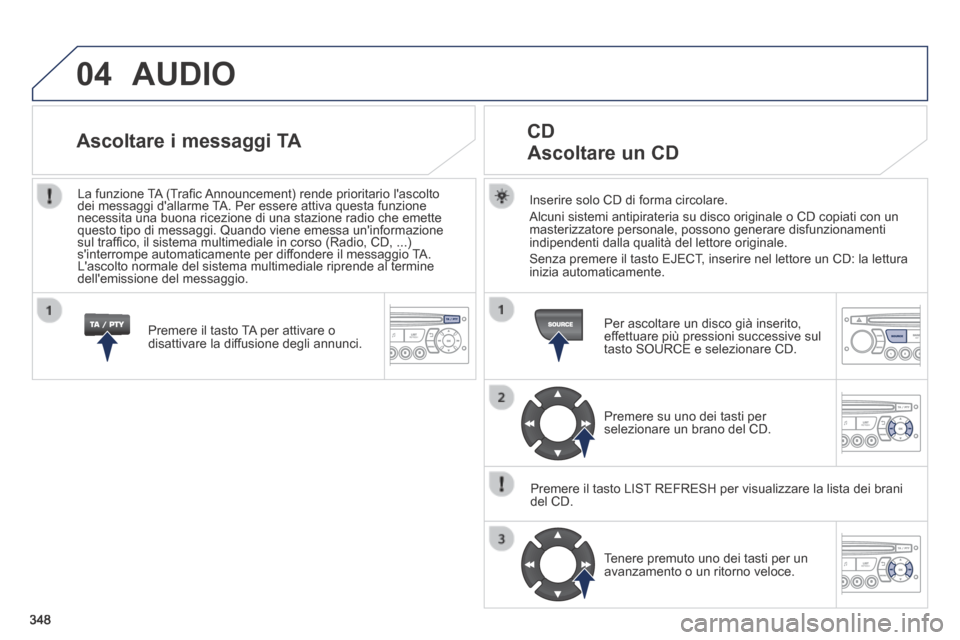 Peugeot 3008 Hybrid 4 2013.5  Manuale del proprietario (in Italian) 04
348
 AUDIO 
  Inserire solo CD di forma circolare. 
 Alcuni sistemi antipirateria su disco originale o CD copiati con un masterizzatore personale, possono generare disfunzionamenti indipendenti dal