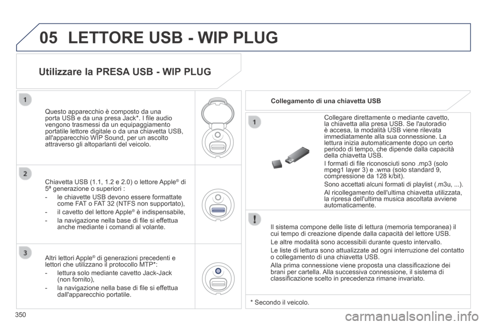 Peugeot 3008 Hybrid 4 2013.5  Manuale del proprietario (in Italian) 05
350
 LETTORE USB - WIP PLUG 
  Il sistema compone delle liste di lettura (memoria temporanea) il cui tempo di creazione dipende dalla capacità del lettore USB. 
 Le altre modalità sono accessibil