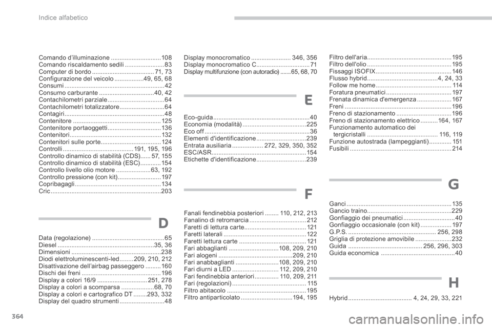 Peugeot 3008 Hybrid 4 2013.5  Manuale del proprietario (in Italian) Indice alfabetico
364
H
G
Data (regolazione) ..........................................65Diesel ........................................................35, 36Dimensioni ...............................