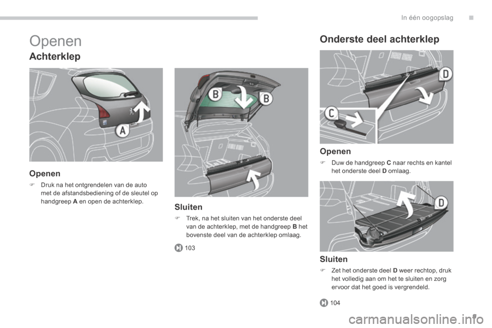 Peugeot 3008 Hybrid 4 2013.5  Handleiding (in Dutch) .
103
104
In één oogopslag9
 Openen 
  Achterklep 
  Openen 
   Druk na het ontgrendelen van de auto met de afstandsbediening of de sleutel op handgreep  A  en open de achterklep.     Sluiten 
�