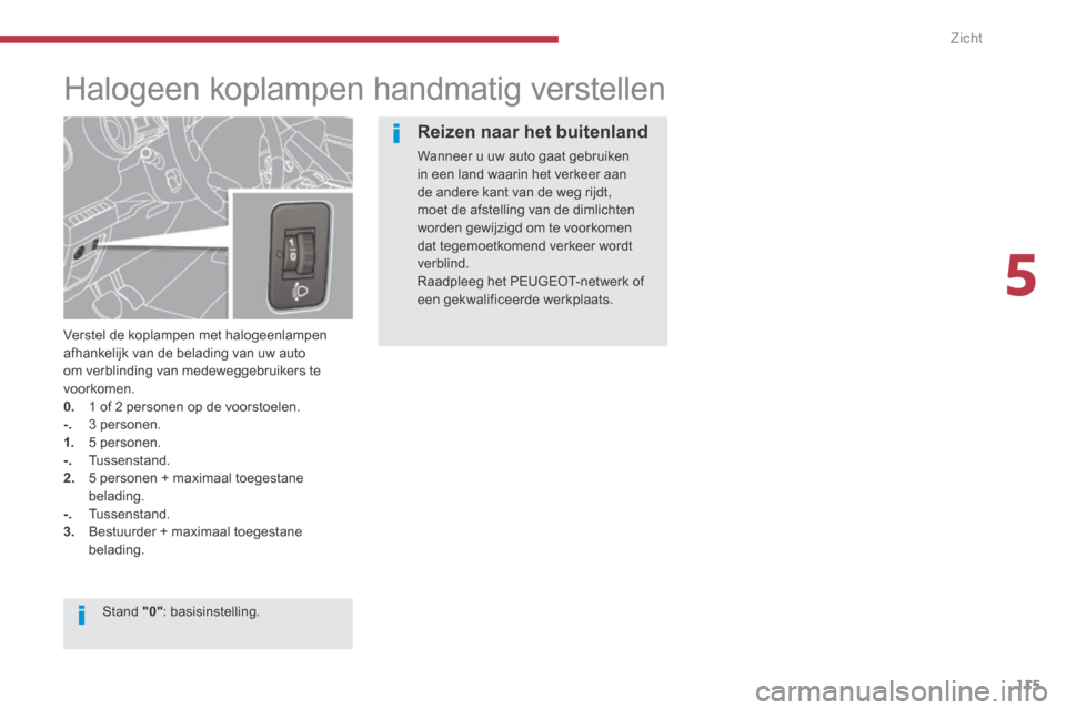 Peugeot 3008 Hybrid 4 2013.5  Handleiding (in Dutch) 5
Zicht115
        
Halogeen koplampen handmatig verstellen 
  Verstel de koplampen met halogeenlampen afhankelijk van de belading van uw auto om verblinding van medeweggebruikers te voorkomen. 0.   1