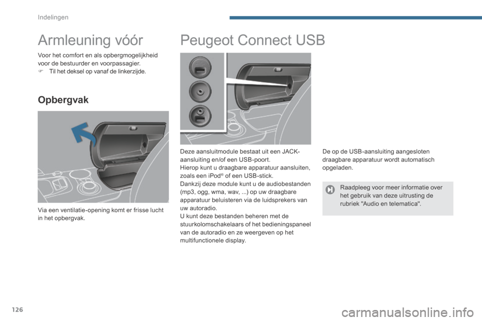 Peugeot 3008 Hybrid 4 2013.5  Handleiding (in Dutch) Indelingen
126
         Armleuning vóór 
  Opbergvak 
 Via een ventilatie-opening komt er frisse lucht in het opbergvak.  
               Peugeot Connect USB 
  Deze aansluitmodule bestaat uit een J