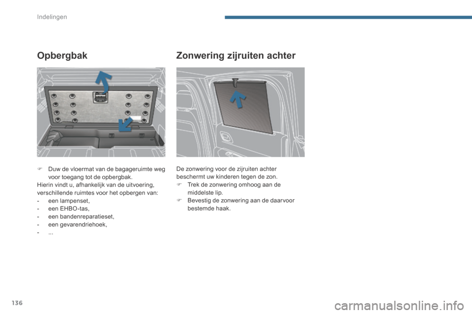 Peugeot 3008 Hybrid 4 2013.5  Handleiding (in Dutch) Indelingen
136
   Duw de vloermat van de bagageruimte weg voor toegang tot de opbergbak.   Hierin vindt u, afhankelijk van de uitvoering, verschillende ruimtes voor het opbergen van:    -   een  la