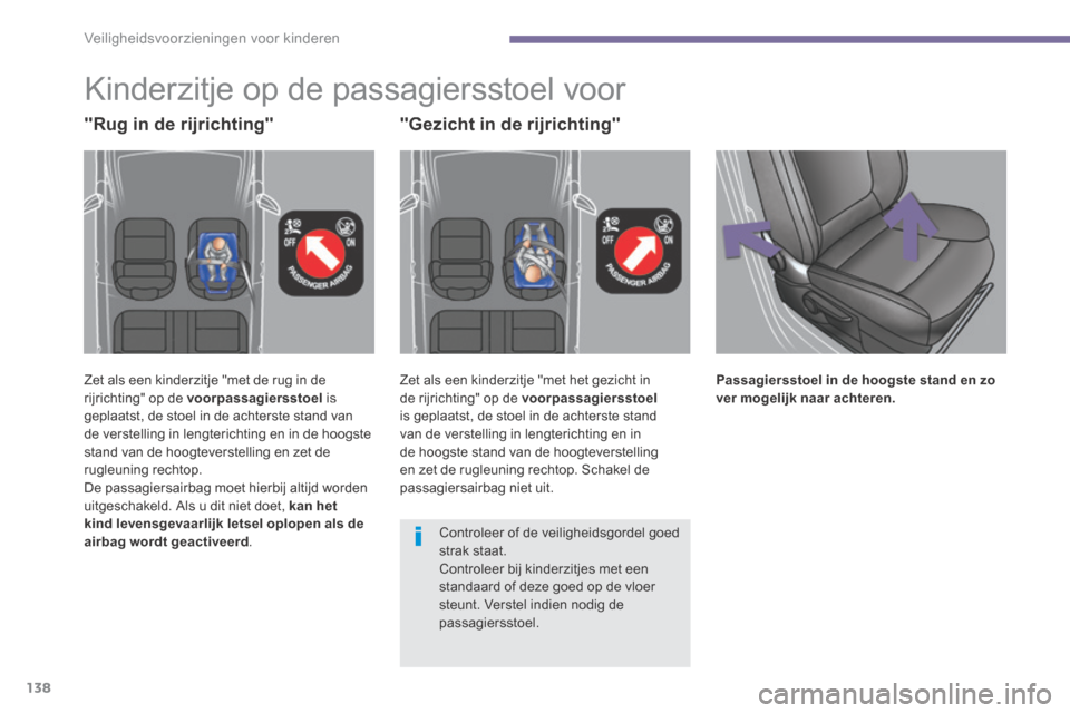 Peugeot 3008 Hybrid 4 2013.5  Handleiding (in Dutch) Veiligheidsvoorzieningen voor kinderen
138
          
Kinderzitje op de passagiersstoel voor 
 Zet als een kinderzitje "met de rug in de rijrichting" op de  voorpassagiersstoel   is geplaatst, de stoe