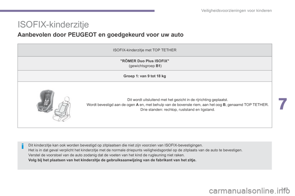 Peugeot 3008 Hybrid 4 2013.5  Handleiding (in Dutch) 7
Veiligheidsvoorzieningen voor kinderen147
                ISOFIX-kinderzitje 
  Aanbevolen door PEUGEOT en goedgekeurd voor uw auto  
 ISOFIX-kinderzitje met TOP TETHER 
"RÖMER Duo Plus ISOFIX"    
