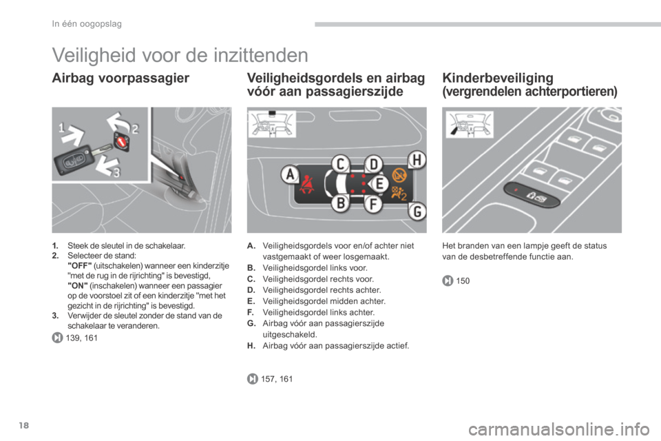Peugeot 3008 Hybrid 4 2013.5  Handleiding (in Dutch) 139, 161
157, 161
150
In één oogopslag
18
 Veiligheid voor de inzittenden 
  Airbag  voorpassagier 
1.   Steek de sleutel in de schakelaar. 2.   Selecteer de stand:    "OFF"  (uitschakelen) wanneer 
