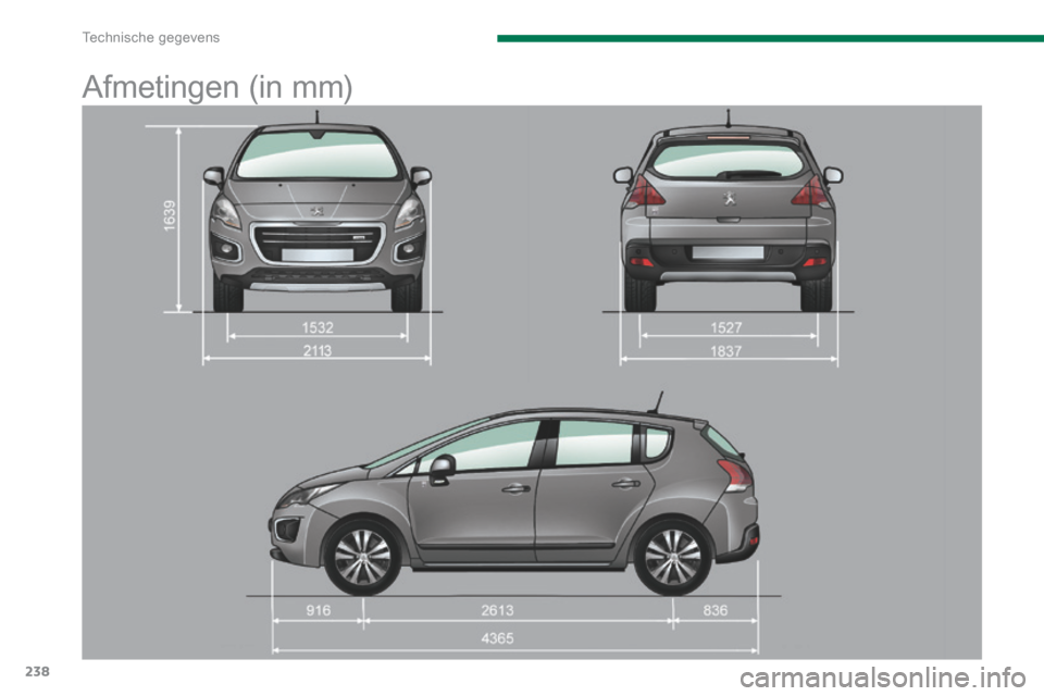 Peugeot 3008 Hybrid 4 2013.5  Handleiding (in Dutch) Technische gegevens
238
      
Afmetingen (in mm)  