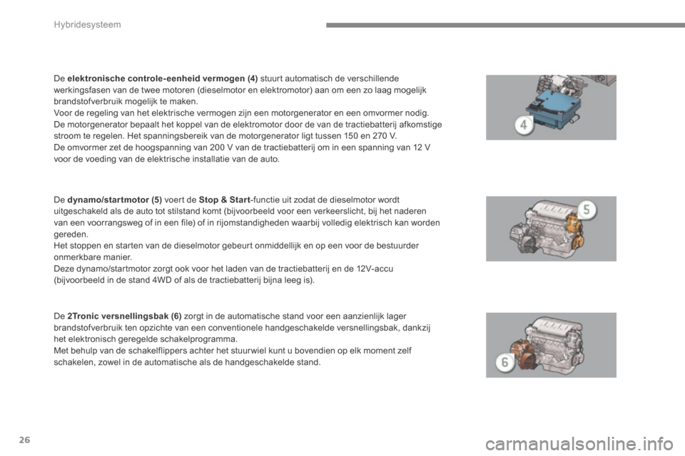 Peugeot 3008 Hybrid 4 2013.5  Handleiding (in Dutch) Hybridesysteem
26
  De   elektronische controle-eenheid vermogen (4)  stuurt automatisch de verschillende werkingsfasen van de twee motoren (dieselmotor en elektromotor) aan om een zo laag mogelijk br