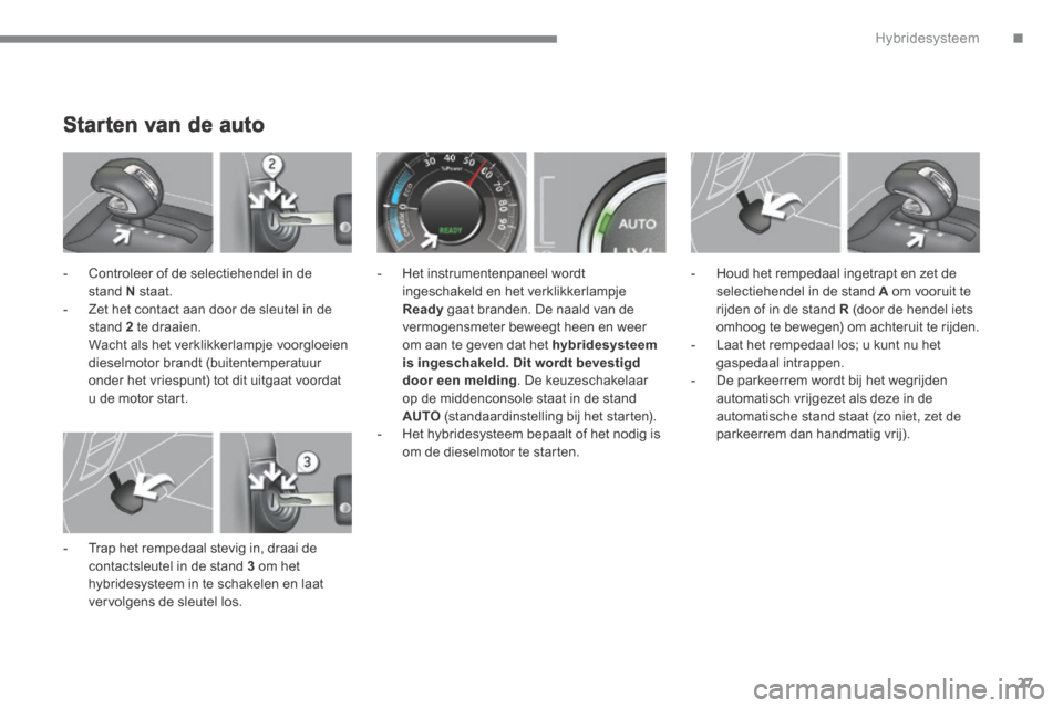 Peugeot 3008 Hybrid 4 2013.5  Handleiding (in Dutch) .Hybridesysteem27
Starten van de auto 
   -   Controleer of de selectiehendel in de stand  N   staat.   -   Zet het contact aan door de sleutel in de stand  2  te  draaien.    Wacht als het verklikker