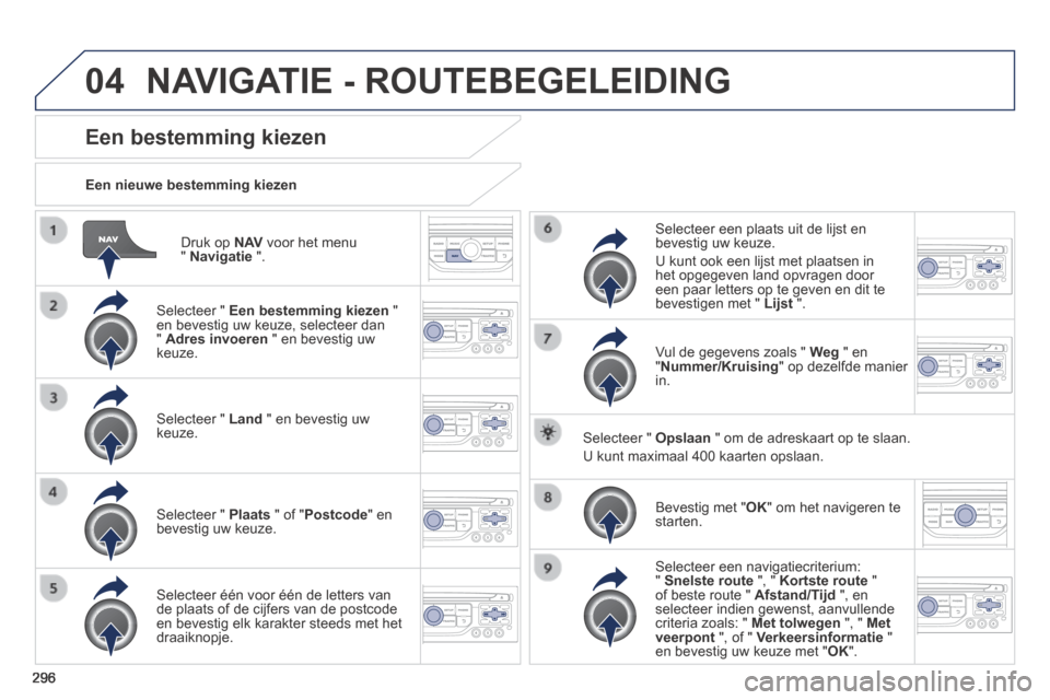 Peugeot 3008 Hybrid 4 2013.5  Handleiding (in Dutch) 04
296
  Druk  op   N AV  voor het menu "  Navigatie   ".  
  Een  nieuwe  bestemming  kiezen  
Een bestemming kiezen 
  Selecteer  "   Een bestemming kiezen   " en bevestig uw keuze, selecteer dan " 