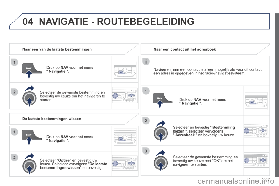 Peugeot 3008 Hybrid 4 2013.5  Handleiding (in Dutch) 04
297
   Naar één van de laatste bestemmingen  
  Druk  op   N AV  voor het menu "  Navigatie   ".  
  Selecteer de gewenste bestemming en bevestig uw keuze om het navigeren te starten.   
   Naar 