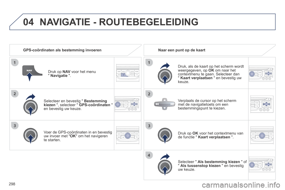 Peugeot 3008 Hybrid 4 2013.5  Handleiding (in Dutch) 04
298
  Selecteer en bevestig "  Bestemming kiezen  ", selecteer "  GPS-coördinaten   " en bevestig uw keuze.  
  Voer de GPS-coördinaten in en bevestig uw invoer met " OK " om het navigeren te  st