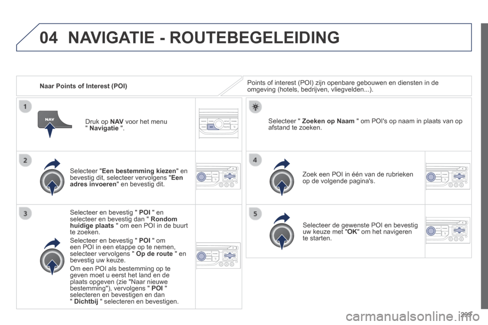 Peugeot 3008 Hybrid 4 2013.5  Handleiding (in Dutch) 04
299
   Naar Points of Interest (POI)  Points of interest (POI) zijn openbare gebouwen en diensten in de omgeving (hotels, bedrijven, vliegvelden...).  
  Selecteer  "Een bestemming kiezen" en beves
