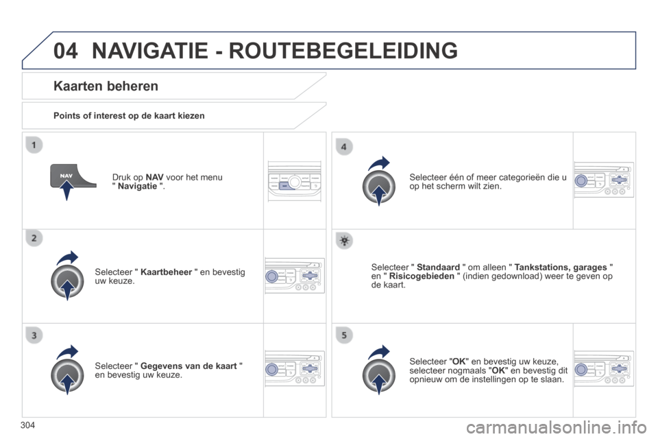 Peugeot 3008 Hybrid 4 2013.5  Handleiding (in Dutch) 04
304
  Druk  op   N AV  voor het menu "  Navigatie   ".  
  Kaarten  beheren 
  Points of interest op de kaart kiezen  
  Selecteer  "   Kaartbeheer  " en bevestig Kaartbeheer  " en bevestig Kaartbe