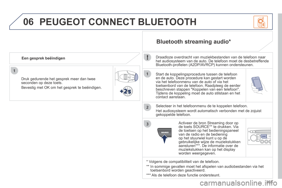 Peugeot 3008 Hybrid 4 2013.5  Handleiding (in Dutch) 06
355
  Start de koppelingsprocedure tussen de telefoon en de auto. Deze procedure kan gestart worden via het telefoonmenu van de auto of via het toetsenbord van de telefoon. Raadpleeg de eerder besc