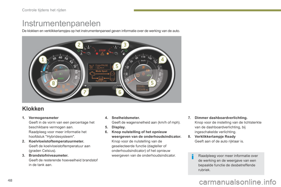 Peugeot 3008 Hybrid 4 2013.5  Handleiding (in Dutch) Controle tijdens het rijden
48
 De klokken en verklikkerlampjes op het instrumentenpaneel geven informatie over de werking van de auto. 
                  Instrumentenpanelen 
  Klokken 
4.    Snelhei