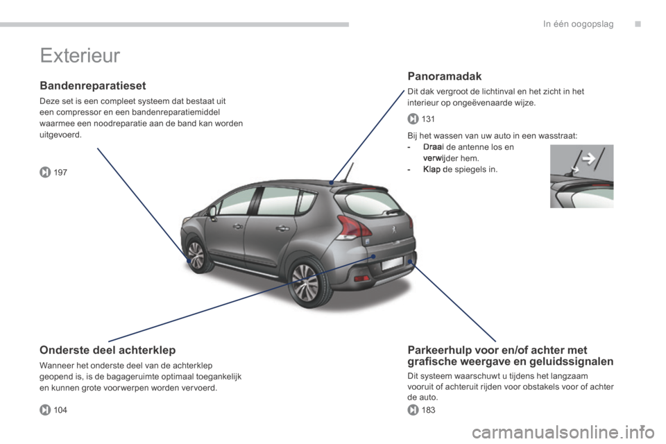 Peugeot 3008 Hybrid 4 2013.5  Handleiding (in Dutch) .
197
104183
131
In één oogopslag7
 Exterieur  
  Panoramadak 
 Dit dak vergroot de lichtinval en het zicht in het interieur op ongeëvenaarde wijze.  
  Bandenreparatieset 
 Deze set is een complee