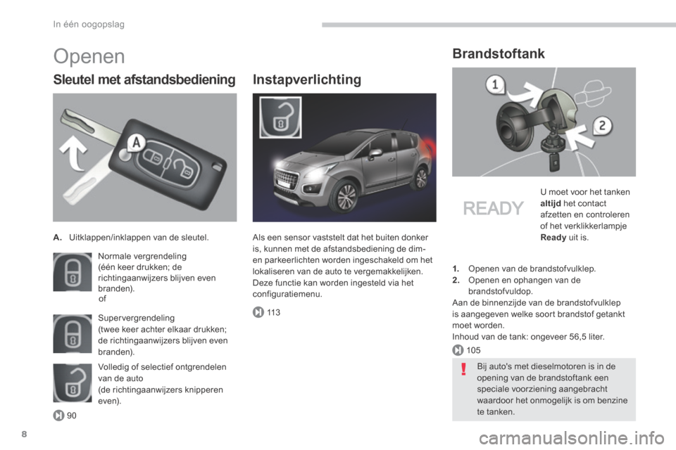 Peugeot 3008 Hybrid 4 2013.5  Handleiding (in Dutch) 90
105
11 3
In één oogopslag
8
 Openen 
  Sleutel  met  afstandsbediening 
A.   Uitklappen/inklappen van de sleutel.  
 Normale  vergrendeling  (één keer drukken; de richtingaanwijzers blijven eve