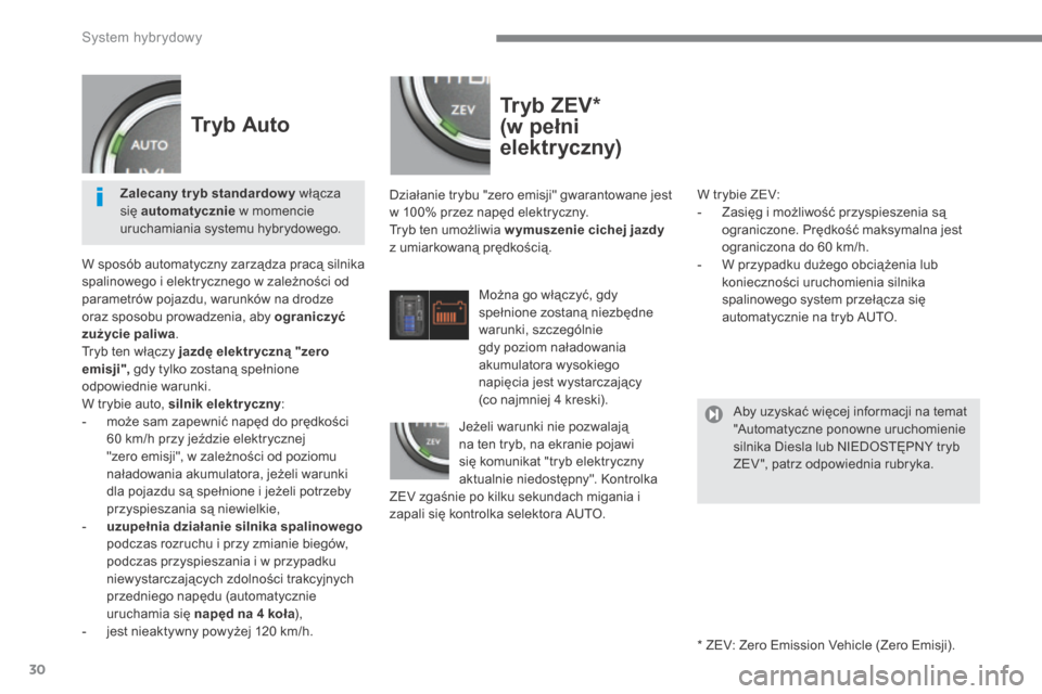 Peugeot 3008 Hybrid 4 2013.5  Instrukcja Obsługi (in Polish) System hybrydowy
30
  T r y b   Z E V  *      
(w pełni 
elektryczny) 
  Działanie trybu "zero emisji" gwarantowane jest w 100% przez napęd elektryczny.  Tryb ten umożliwia  w ymuszenie cichej jaz