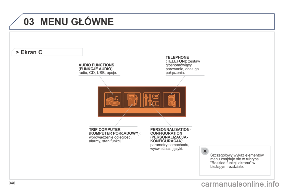 Peugeot 3008 Hybrid 4 2013.5  Instrukcja Obsługi (in Polish) 03
346
 MENU GŁÓWNE 
AUDIO FUNCTIONS( FUNKCJE AUDIO ): radio, CD, USB, opcje.  
          > Ekran C 
  Szczegółowy wykaz elementów menu znajduje się w rubryce "Rozkład funkcji ekranu" w bieżą