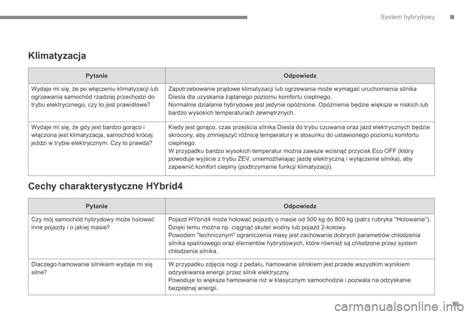 Peugeot 3008 Hybrid 4 2013.5  Instrukcja Obsługi (in Polish) .System hybrydowy39
  Klimatyzacja  
PytanieOdpowiedz
 Wydaje mi się, że po włączeniu klimatyzacji lub ogrzewania samochód rzadziej przechodzi do trybu elektrycznego, czy to jest prawidłowe? 
 Z