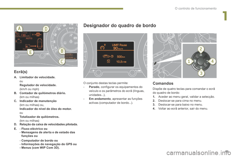 Peugeot 3008 Hybrid 4 2013.5 Manual do proprietário (in Portuguese) 1
O controlo de funcionamento49
Ecrã(s)
A. Limitador de velocidade. ou Regulador de velocidade. (km/h ou mph) B. Contador de quilómetros diário. (km ou milhas) C. I Peugeot 3008 Hybrid 4 2013.5 Manual do proprietário (in Portuguese) 1
O controlo de funcionamento49
Ecrã(s)
A. Limitador de velocidade. ou Regulador de velocidade. (km/h ou mph) B. Contador de quilómetros diário. (km ou milhas) C. I