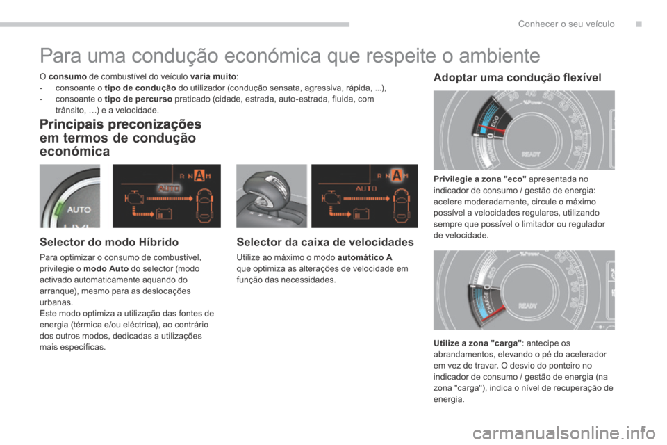 Peugeot 3008 Hybrid 4 2013.5 Manual do proprietário (in Portuguese) .Conhecer o seu veículo5
Principais preconizações
em termos de condução
económica
Selector da caixa de velocidades
Utilize ao máximo o modo automático Aque optimiza as alterações Peugeot 3008 Hybrid 4 2013.5 Manual do proprietário (in Portuguese) .Conhecer o seu veículo5
Principais preconizações
em termos de condução
económica
Selector da caixa de velocidades
Utilize ao máximo o modo automático Aque optimiza as alterações