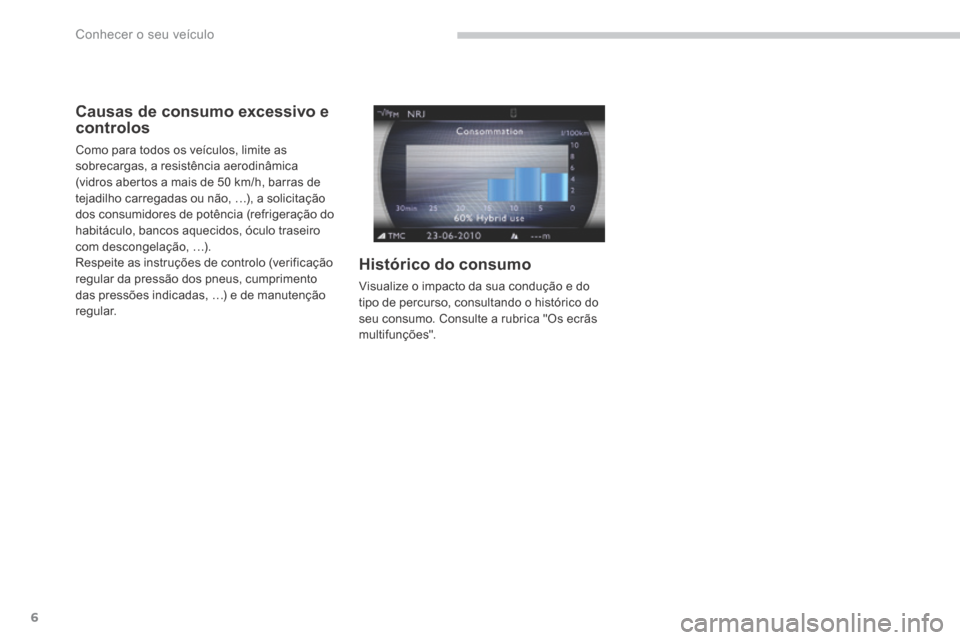 Peugeot 3008 Hybrid 4 2013.5 Manual do proprietário (in Portuguese) Conhecer o seu veículo
6
Causas de consumo excessivo e controlos
Como para todos os veículos, limite as sobrecargas, a resistência aerodinâmica (vidros abertos a mais de 50 km/h, barras de tej Peugeot 3008 Hybrid 4 2013.5 Manual do proprietário (in Portuguese) Conhecer o seu veículo
6
Causas de consumo excessivo e controlos
Como para todos os veículos, limite as sobrecargas, a resistência aerodinâmica (vidros abertos a mais de 50 km/h, barras de tej