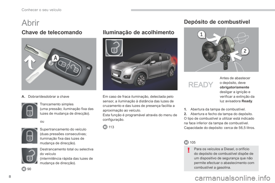 Peugeot 3008 Hybrid 4 2013.5 Manual do proprietário (in Portuguese) 90
105
11 3
Conhecer o seu veículo
8
Abrir
Chave de telecomando
A. Dobrar/desdobrar a chave
Trancamento simples (uma pressão; iluminação fixa das luzes de mudança de direcção). Peugeot 3008 Hybrid 4 2013.5 Manual do proprietário (in Portuguese) 90
105
11 3
Conhecer o seu veículo
8
Abrir
Chave de telecomando
A. Dobrar/desdobrar a chave
Trancamento simples (uma pressão; iluminação fixa das luzes de mudança de direcção).
