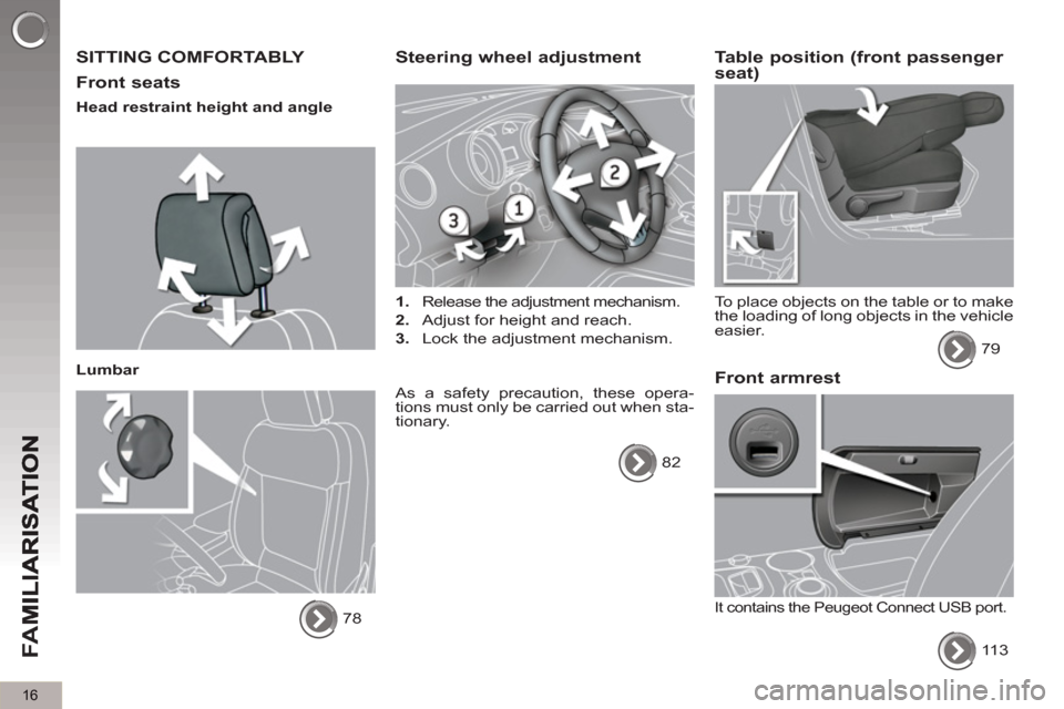 Peugeot 3008 Hybrid 4 2013 User Guide 16
FA
M
  SITTING COMFORTABLY 
   
Front seats 
 
 
Head restraint height and angle  
   
Lumbar 
  78  
 
Steering wheel adjustment 
 
 
 
1. 
  Release the adjustment mechanism. 
   
2. 
  Adjust fo