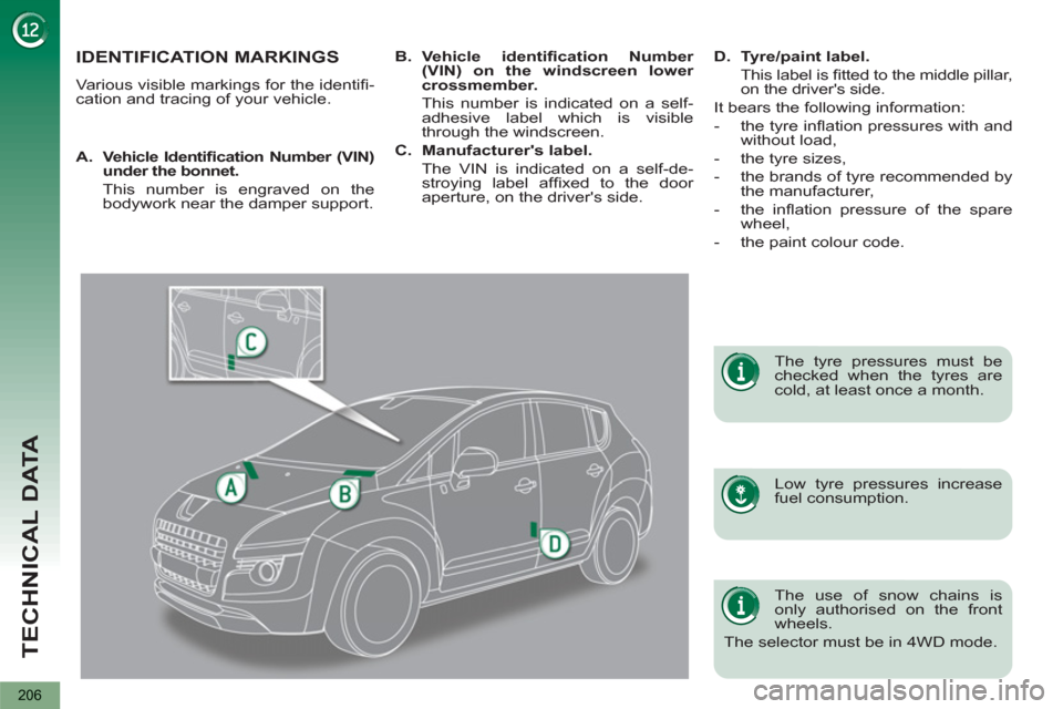 Peugeot 3008 Hybrid 4 2013  Owners Manual TECHNICAL DATA
206
IDENTIFICATION MARKINGS
  Various visible markings for the identiﬁ -
cation and tracing of your vehicle.  
   
Low tyre pressures increase 
fuel consumption.  
     
The tyre pres