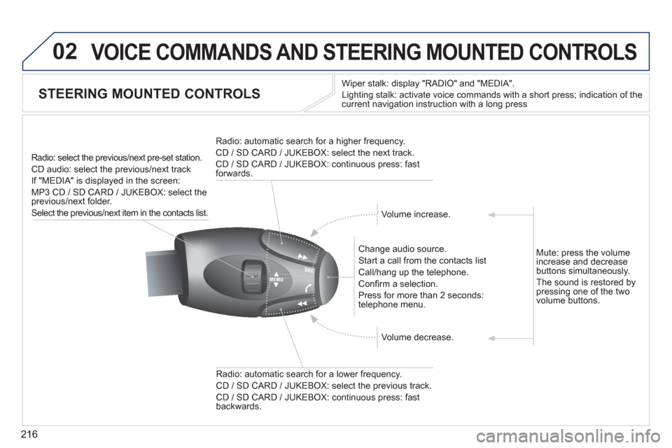 Peugeot 3008 Hybrid 4 2013  Owners Manual 216
02 VOICE COMMANDS AND STEERING MOUNTED CONTROLS 
STEERING MOUNTED CONTROLS 
Wiper stalk: display "RADIO" and "MEDIA". 
Li
ghting stalk: activate voice commands with a short press; indication of th