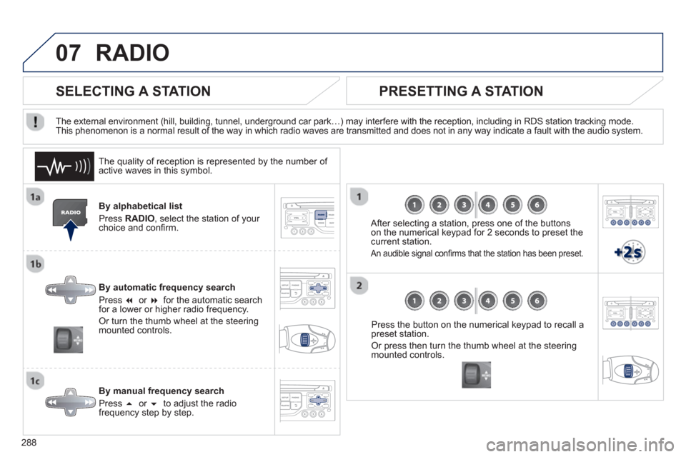 Peugeot 3008 Hybrid 4 2013  Owners Manual 288
07RADIO 
By alphabetical list 
Pr
ess  RADIO, select the station of your choice and conﬁ rm.
B
y automatic frequency search 
Press  �  or �for the automatic searchfor a lower or higher radio f