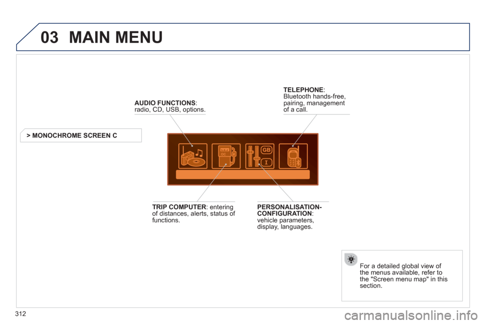 Peugeot 3008 Hybrid 4 2013  Owners Manual 312
03  MAIN MENU 
AUDIO FUNCTIONS:radio, CD, USB, options.
> MONOCHROME SCREEN C
For a detailed 
global view of 
the menus available, refer to 
the "Screen menu map" in thissection.  
 
TELEPHONE:Blu