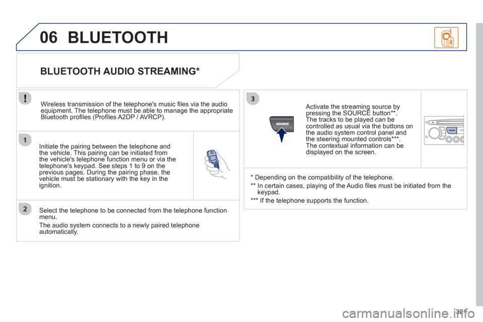 Peugeot 3008 Hybrid 4 2013 Owners Manual 321
06
Initiate the pairing between the telephone and
the vehicle. This pairing can be initiated from
the vehicles telephone function menu or via the
telephones ke
ypad. See steps 1 to 9 on th Peugeot 3008 Hybrid 4 2013 Owners Manual 321
06
Initiate the pairing between the telephone and
the vehicle. This pairing can be initiated from
the vehicles telephone function menu or via the
telephones ke
ypad. See steps 1 to 9 on th