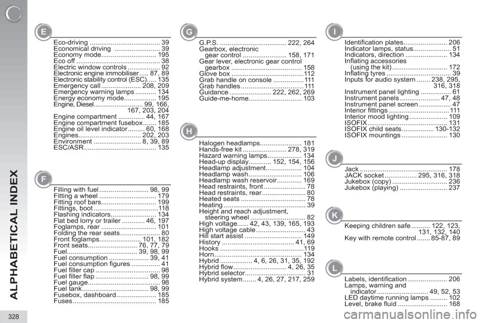 Peugeot 3008 Hybrid 4 2013  Owners Manual ALPHABETICAL INDEX
328
Labels, identiﬁ cation ..................... 206
Lamps, warning and 
indicator ........................... 49,  52,  53
LED daytime running lamps ......... 102
Level, brake �