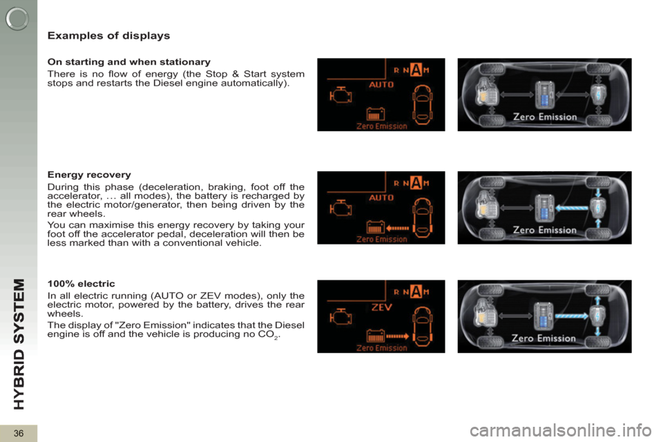 Peugeot 3008 Hybrid 4 2013 Owners Guide HY
B
36
   
Examples of displays
 
 
On starting and when stationary 
  There is no ﬂ ow of energy (the Stop & Start system 
stops and restarts the Diesel engine automatically).  
   
Energy recover