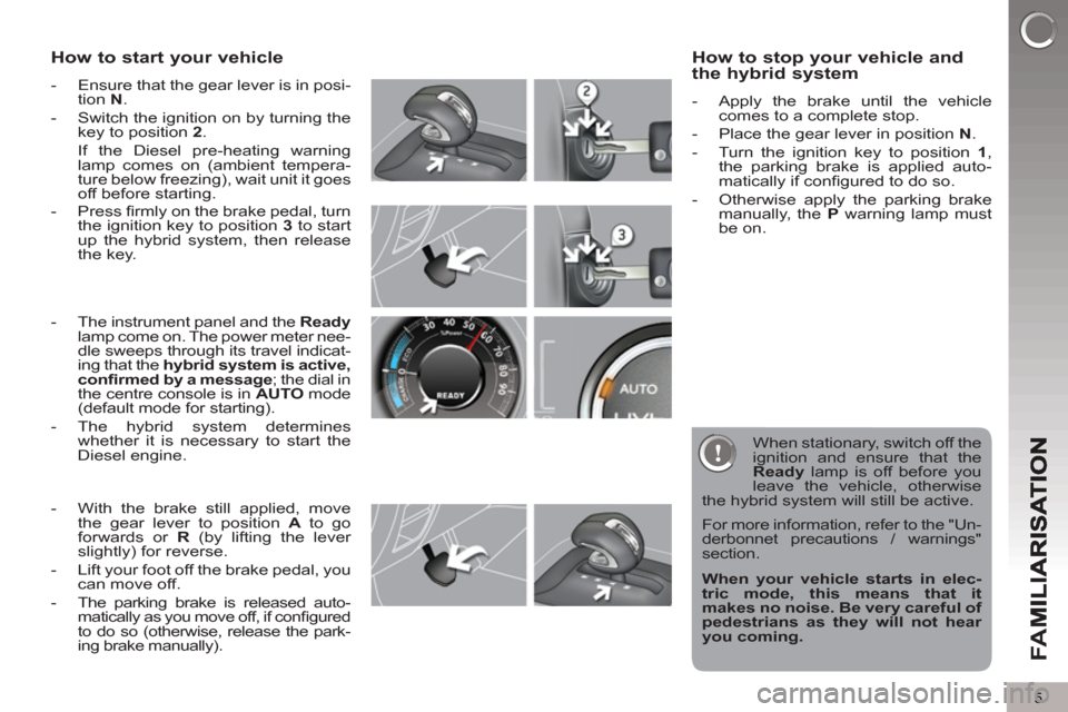 Peugeot 3008 Hybrid 4 2013  Owners Manual 5
FA
M
How to start your vehicle 
   
 
-   Ensure that the gear lever is in posi-
tion  N 
. 
   
-   Switch the ignition on by turning the 
key to position  2 
.  
  If the Diesel pre-heating warnin