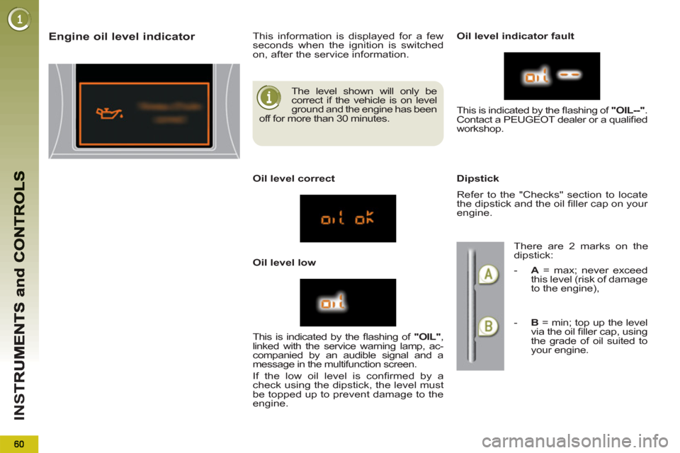 Peugeot 3008 Hybrid 4 2013  Owners Manual IN
S
   
The level shown will only be 
correct if the vehicle is on level 
ground and the engine has been 
off for more than 30 minutes.  
Engine oil level indicator  
 
This information is displayed 