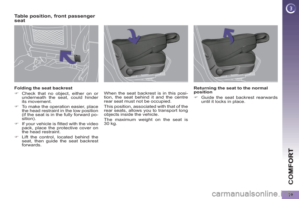 Peugeot 3008 Hybrid 4 2013  Owners Manual CO
79
   
Folding the seat backrest 
   
 
�) 
  Check that no object, either on or 
underneath the seat, could hinder 
its movement. 
   
�) 
  To make the operation easier, place 
the head restraint