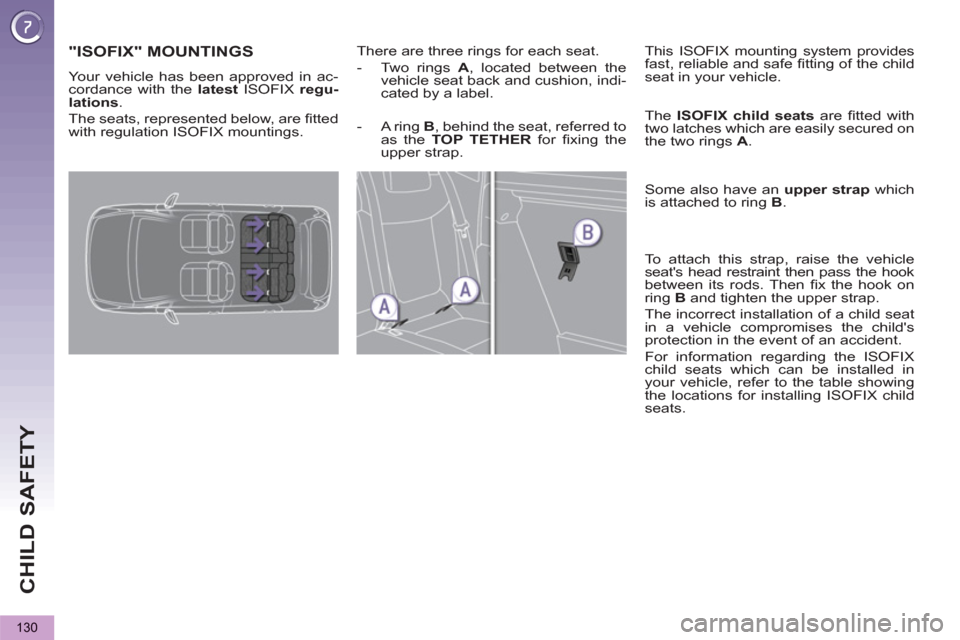 Peugeot 3008 Hybrid 4 2013  Owners Manual - RHD (UK. Australia) CHILD SAFETY
130
"ISOFIX" MOUNTINGS   
 
There are three rings for each seat. 
   
 
-   Two rings  A 
, located between the 
vehicle seat back and cushion, indi-
cated by a label.  
    
This ISOFIX 