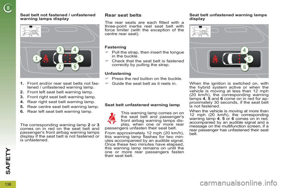 Peugeot 3008 Hybrid 4 2013  Owners Manual - RHD (UK. Australia) SA
F
138
   
 
1. 
  Front and/or rear seat belts not fas-
tened / unfastened warning lamp. 
   
2. 
  Front left seat belt warning lamp. 
   
3. 
  Front right seat belt warning lamp. 
   
4. 
  Rear