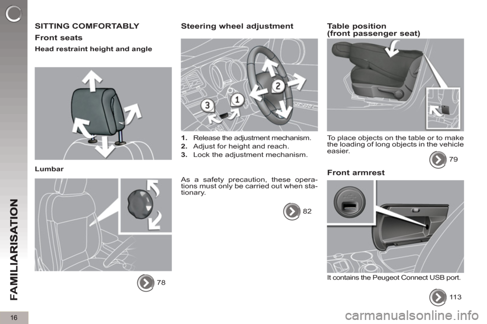 Peugeot 3008 Hybrid 4 2013  Owners Manual - RHD (UK. Australia) 16
FA
M
  SITTING COMFORTABLY 
   
Front seats 
 
 
Head restraint height and angle  
   
Lumbar 
  78  
 
Steering wheel adjustment 
 
 
 
1. 
  Release the adjustment mechanism. 
   
2. 
  Adjust fo