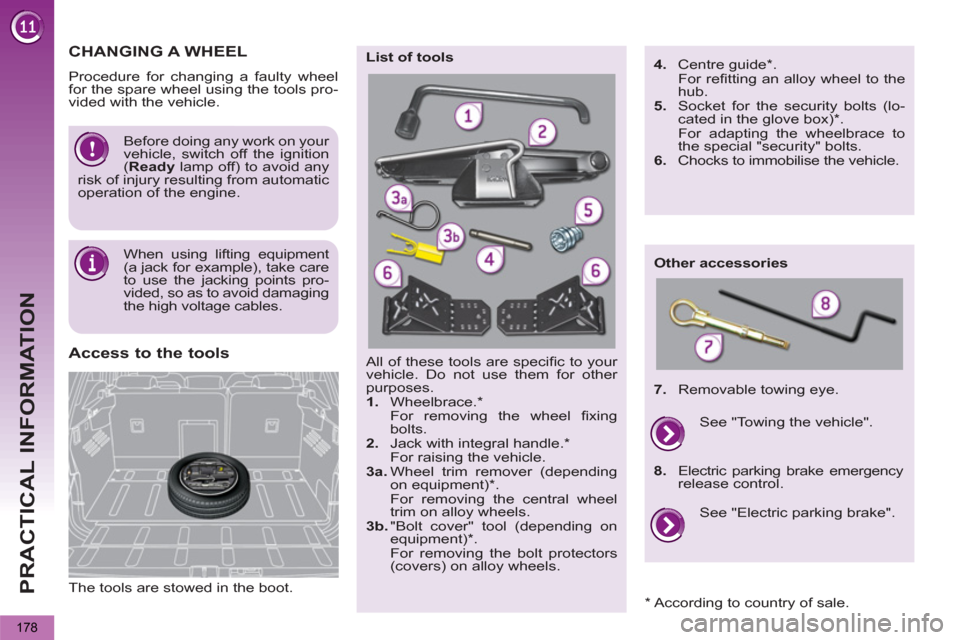 Peugeot 3008 Hybrid 4 2013  Owners Manual - RHD (UK. Australia)   
PRACTICAL INFORMATION
178
   
The tools are stowed in the boot.  
 
 
Access to the tools  
All of these tools are speciﬁ c to your 
vehicle. Do not use them for other 
purposes. 
   
1. 
 Wheelb