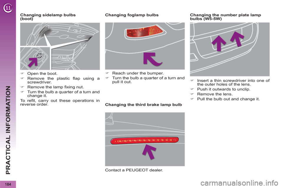 Peugeot 3008 Hybrid 4 2013  Owners Manual - RHD (UK. Australia) PRACTICAL INFORMATION
184
   
 
 
 
 
 
 
 
 
 
 
 
 
 
 
 
 
 
 
Changing the third brake lamp bulb     
Changing sidelamp bulbs 
(boot)    
 
 
 
 
 
 
 
 
 
 
 
 
 
 
 
 
Changing foglamp bulbs 
  