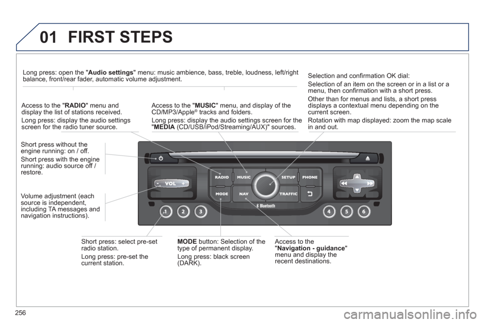 Peugeot 3008 Hybrid 4 2013 Owners Manual - RHD (UK. Australia) 256
01 FIRST STEPS
Access to the" Navigation - guidance"
menu and display the
recent destinations. Short
press without the engine running: on / off.
Short press with the enginerunning: audio Peugeot 3008 Hybrid 4 2013 Owners Manual - RHD (UK. Australia) 256
01 FIRST STEPS
Access to the" Navigation - guidance"
menu and display the
recent destinations. Short
press without the engine running: on / off.
Short press with the enginerunning: audio