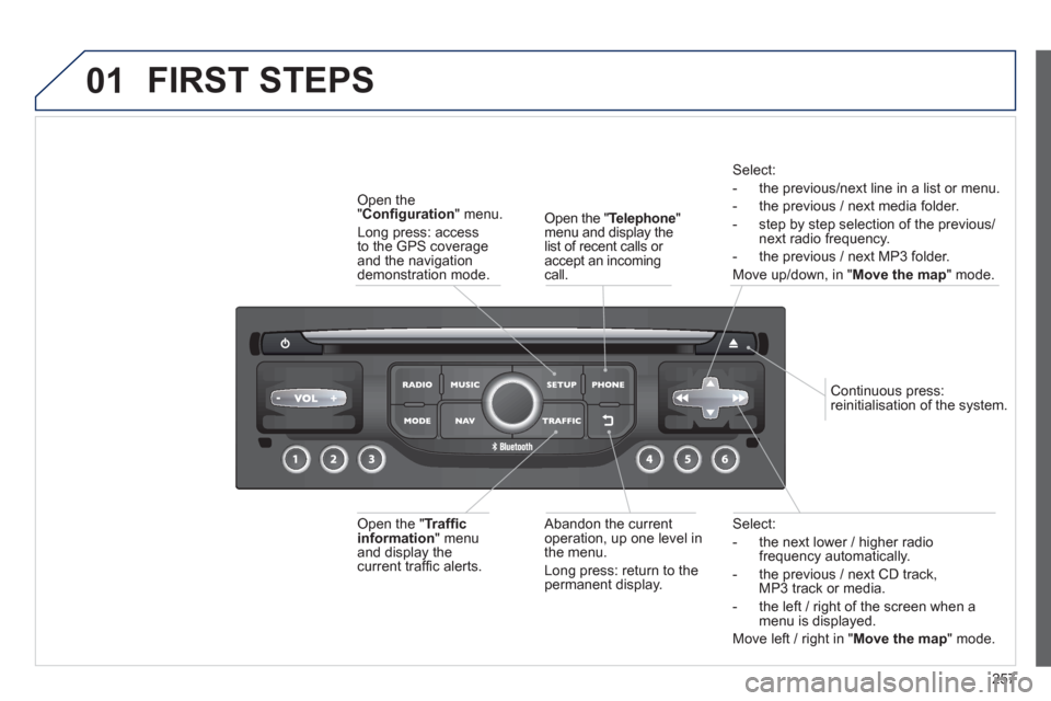 Peugeot 3008 Hybrid 4 2013 Owners Manual - RHD (UK. Australia) 257
01
Select:
- the next lower / hi
gher radiofrequency automatically.
- the previous
/ next CD track, MP3 track or media.
- the le
ft / right of the screen when a menu is displayed.
Move left / Peugeot 3008 Hybrid 4 2013 Owners Manual - RHD (UK. Australia) 257
01
Select:
- the next lower / hi
gher radiofrequency automatically.
- the previous
/ next CD track, MP3 track or media.
- the le
ft / right of the screen when a menu is displayed.
Move left /