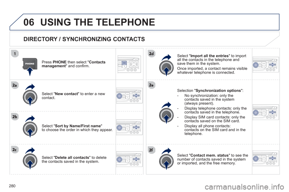 Peugeot 3008 Hybrid 4 2013  Owners Manual - RHD (UK. Australia) 280
06USING THE TELEPHONE
   
DIRECTORY / SYNCHRONIZING CONTACTS 
 
 Press PHONE 
 then select " 
Contacts 
management  " and conﬁ rm.  
   
Select "New contact 
" to enter a new contact.
   
Select