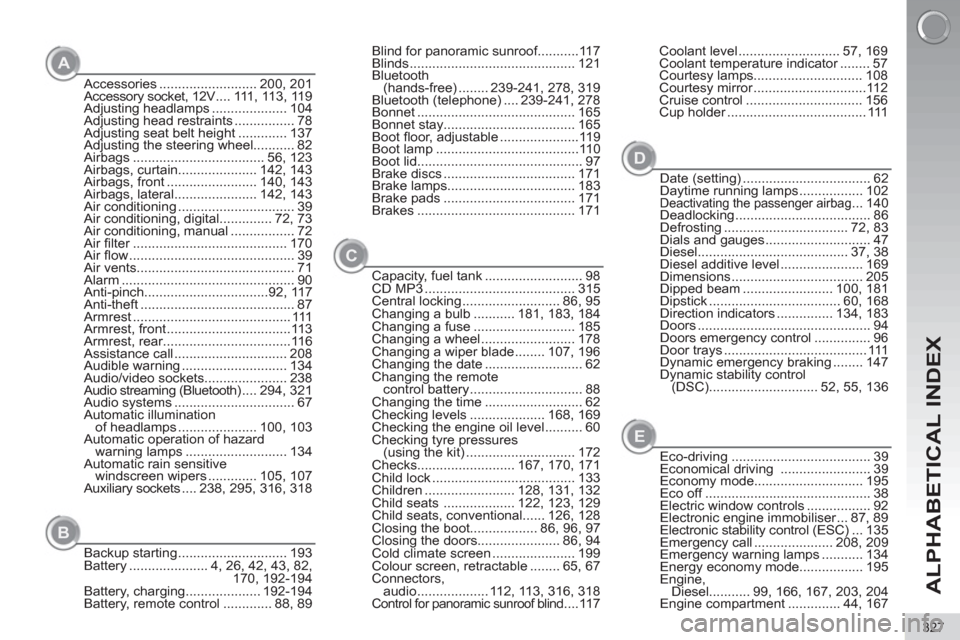 Peugeot 3008 Hybrid 4 2013  Owners Manual - RHD (UK. Australia) ALPHABETICAL INDEX
327
Accessories .......................... 200,  201
Accessory socket, 12V .... 111, 113, 119
Adjusting headlamps .................... 104
Adjusting head restraints ................