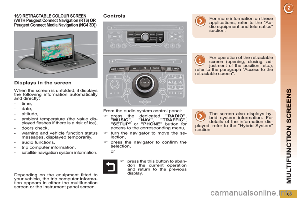 Peugeot 3008 Hybrid 4 2013   - RHD (UK. Australia) Repair Manual M
U
65
16/9 RETRACTABLE COLOUR SCREEN(WITHPeugeot Connect Navigation (RT6) ORPeugeot Connect Media Navigation (NG4 3D)) 
Displays in the screen 
  When the screen is unfolded, it displays 
the followi